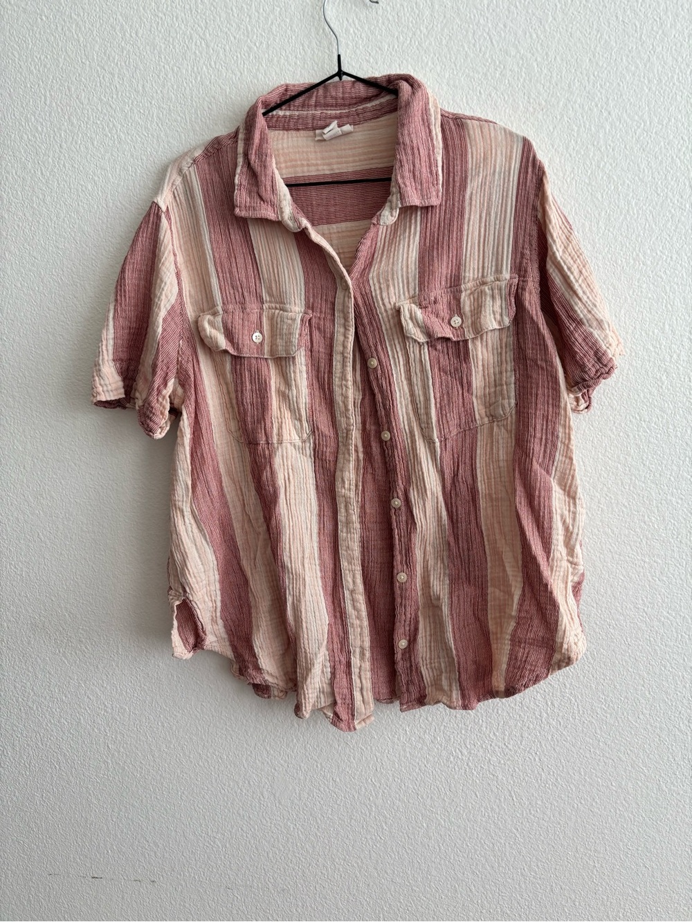 Relaxed Striped Button-Front Shirt in Dusty Rose and Cream